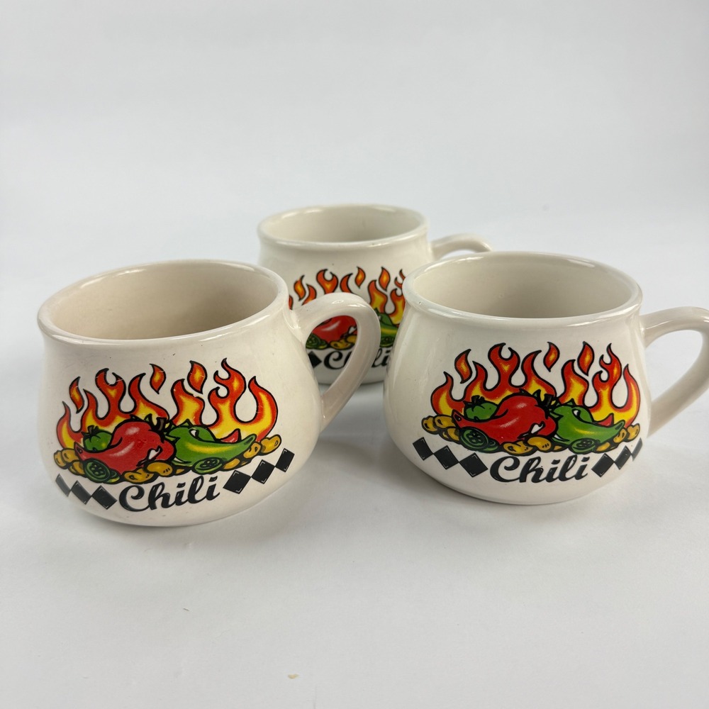 Houston Harvest Chili Mugs Set of 3 Ceramic Soup Crocks Red Green‎ Pepper Flame